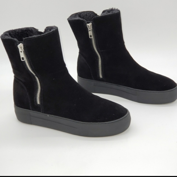 J/Slides Trulie Water Resistant Suede Platform Wedge Ankle Bootie with Faux Fur - Picture 6 of 13